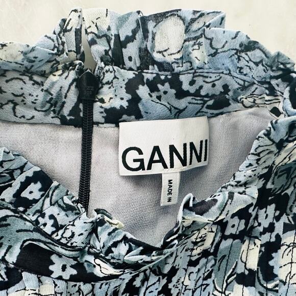 GANNI Elm Georgette Mini Dress Blue Floral Size 40 Long Sleeve Modest Viscose - Picture 8 of 13